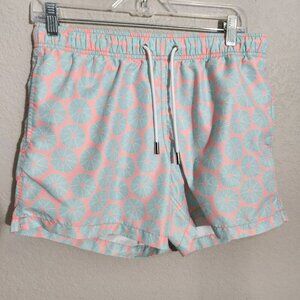 Apres Swim Trunks Mens Medium Drawstring Back Pocket Pink & Blue Umbrella Print